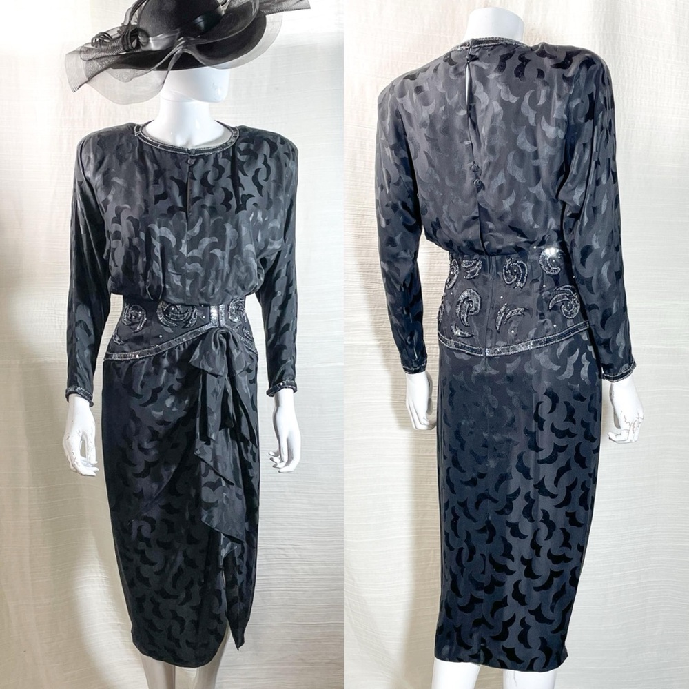 1980s 90s Spenser Jeremy 100% Silk Black Beaded Longsleeve Vintage Dress Size 14